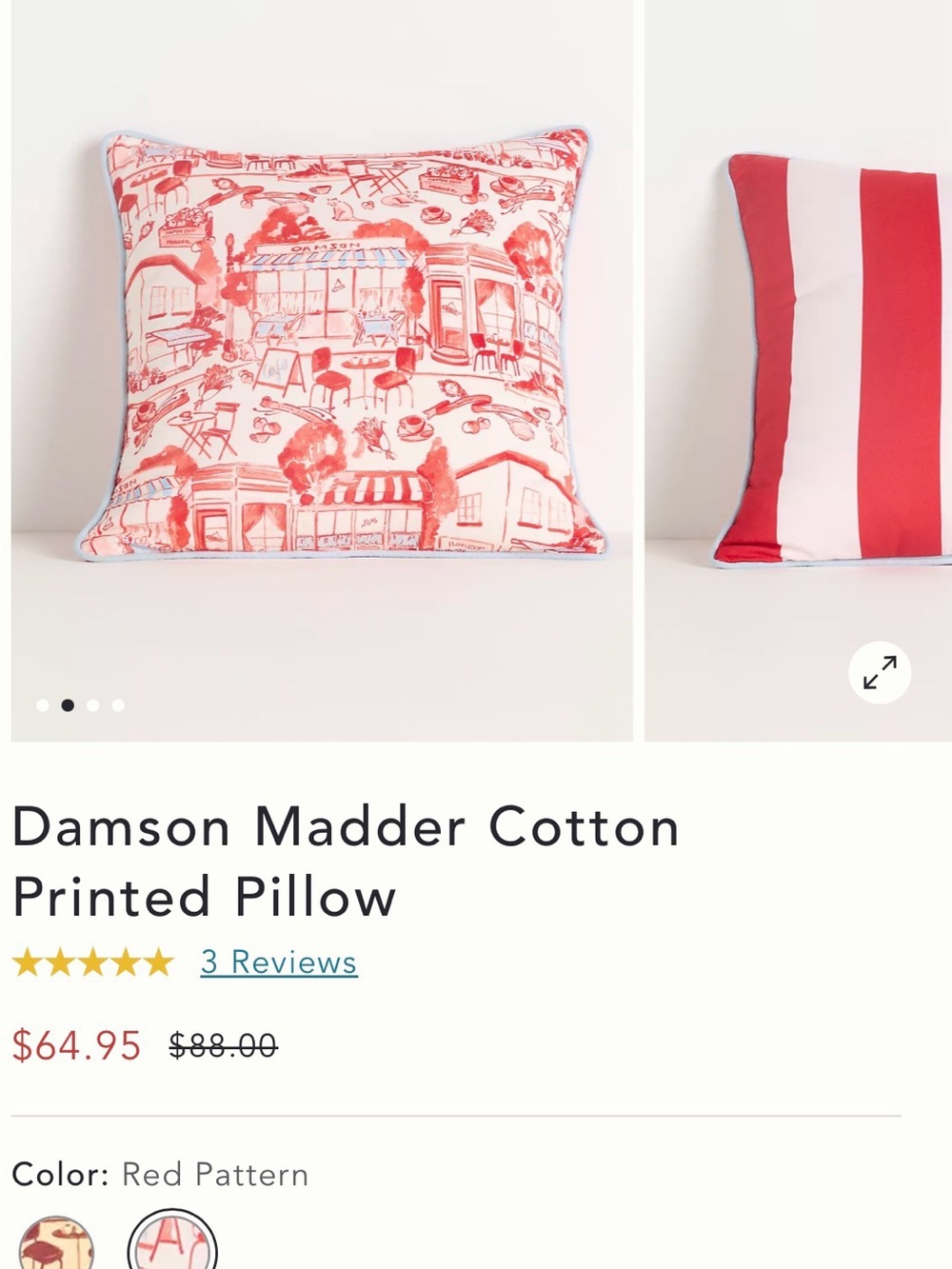 Anthropologie Damson Madder Cotton Pillow in Red and White
